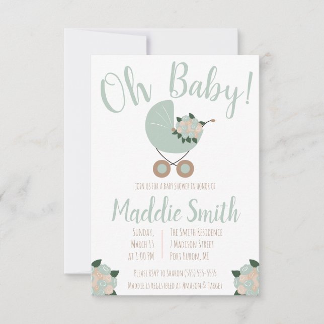 Baby Stroller with Floral Bouquet Baby Shower Invi Invitation (Front)