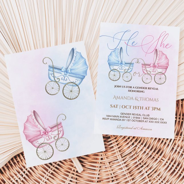 Baby Strollers Pink and Blue Gender Reveal  Invitation (Creator Uploaded)