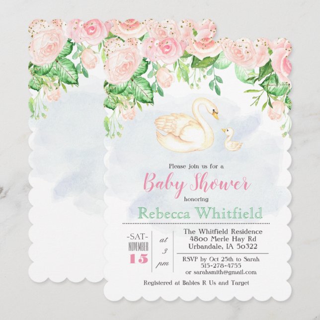 Baby Swan Floral Glitter Baby Shower Invitation (Front/Back)
