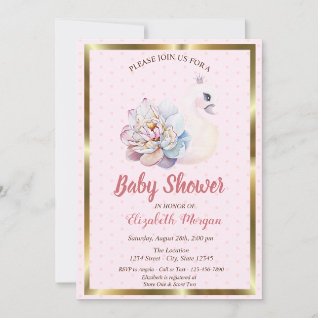 Baby Swan,Polka Dots,Floral Baby Shower Invitation (Front)