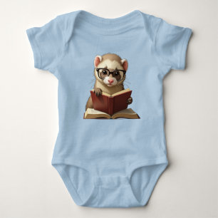 Baby T-shirt with baby ferret reading a book. Baby Bodysuit
