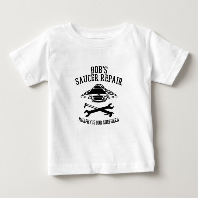 baby T-Shirt with black Bob's Saucer Repair logo (Front)