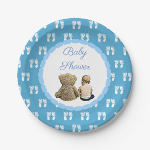 Baby & Teddy Bear Blue Footprints Baby Shower Paper Plate