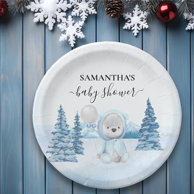 Baby Teddy Bear Christmas Winter Blue Paper Plate (Creator Uploaded)