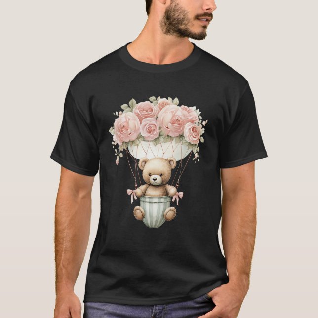 Baby Teddy Bear Pink Peony Flower Hot Air Balloon T-Shirt (Front)