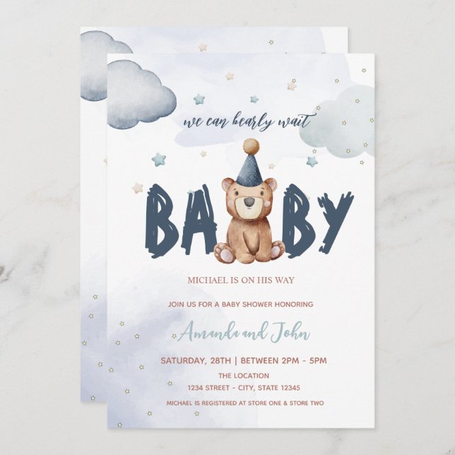 Baby Teddy Bear Stars Clouds Baby Shower   Invitation (Front/Back)