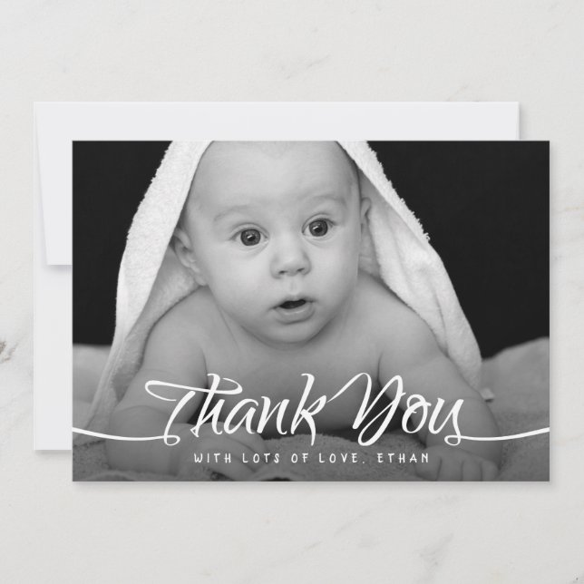 Baby Thank You Custom Photo Chic Hand Script Card (Front)