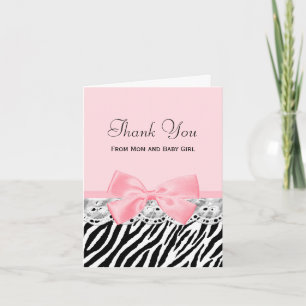 Baby Thank You Pink Ribbon and Lace Zebra Print Card