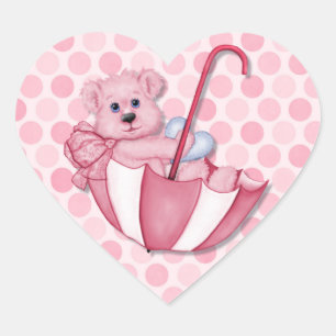 Baby Theme Umbrella Bear Pink Polka Dots Heart Sticker