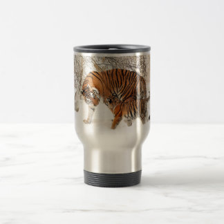 Baby tiger and Tiger mum in a snowy forest Travel Mug