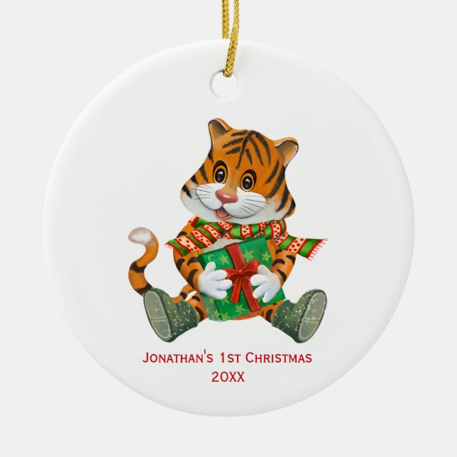Baby Tiger Baby's 1st Christmas Photo Ceramic Tree Decoration (Front)
