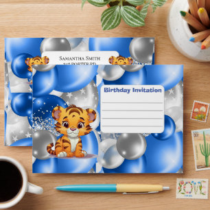 Baby Tiger Birthday Invitation Blue Envelope
