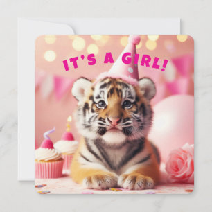 Baby Tiger Cute Baby Reveal Girl Pink Invitation