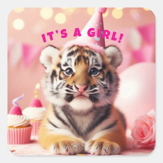 Baby Tiger Cute Baby Reveal Girl Pink Square Sticker (Front)