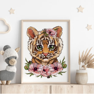 Baby Tiger Rose Animal Poster Cute Tiger Art