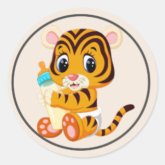 Baby Tiger with a Bottle and Diaper with Frame  Classic Round Sticker