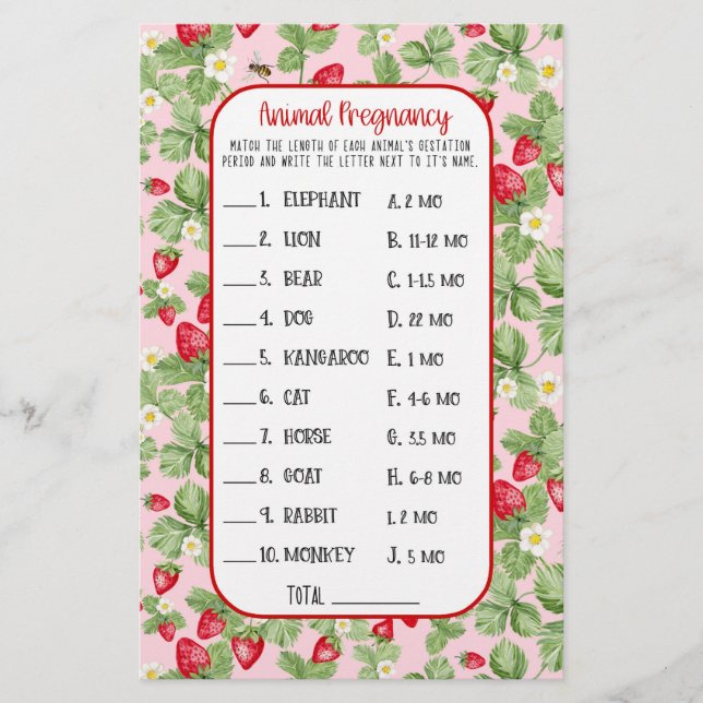 Baby to Bee Strawberry Animal Shower Game Girl Flyer (Front)