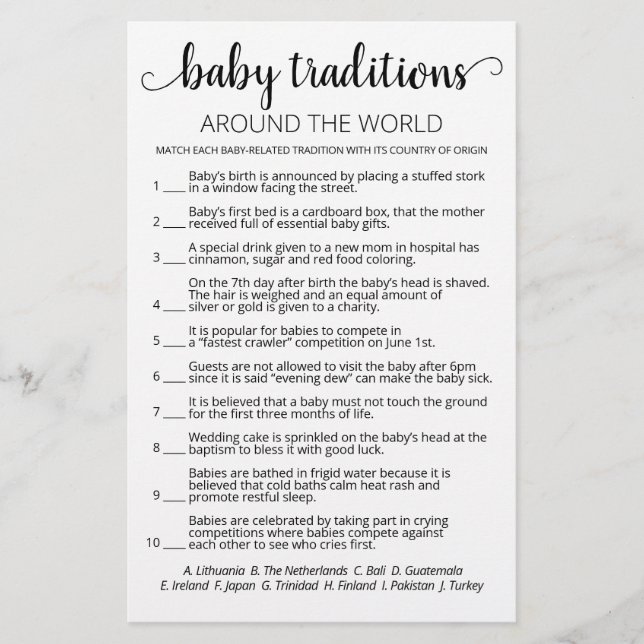 Baby Traditions game Baby Shower party game (Front)