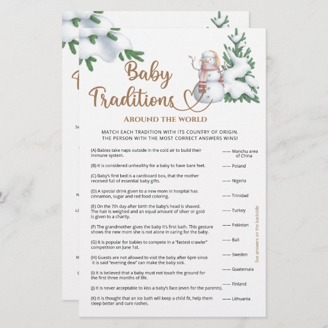 Baby Traditions Winter Baby Shower Game (Front/Back)