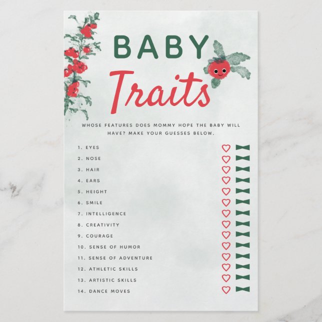 Baby Traits Baby Shower Game Rustic Tomato Vine Flyer (Front)