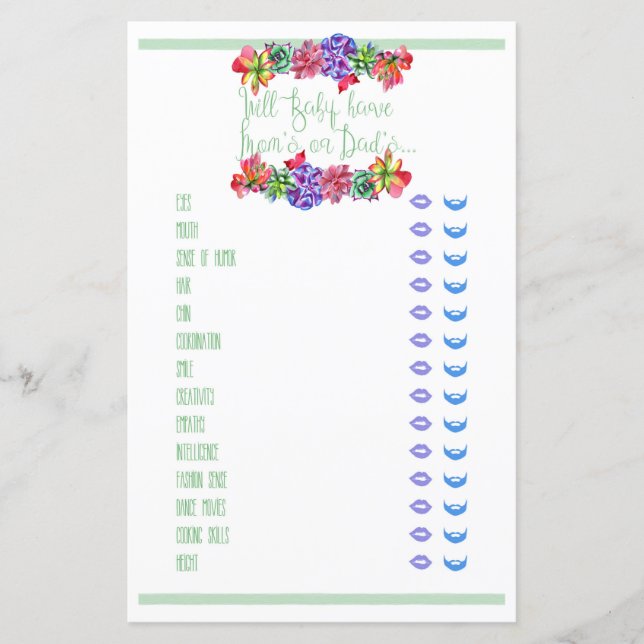 Baby Traits Succulent Baby Shower Game (Front)