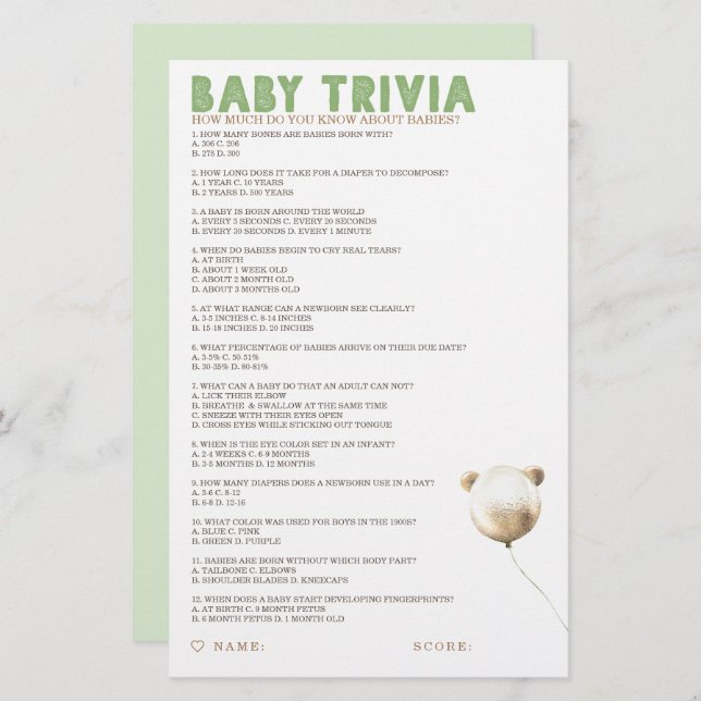 Baby Trivia Baby Shower Game (Front/Back)