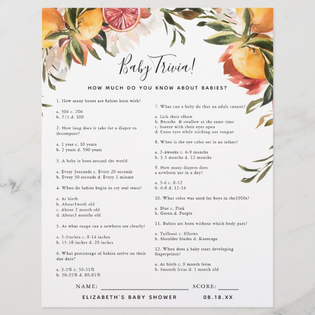Baby Trivia | Baby Shower Game (Front)