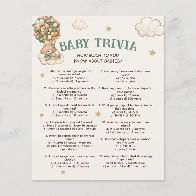 Baby Trivia Bear Balloons Baby Shower Game (Front)