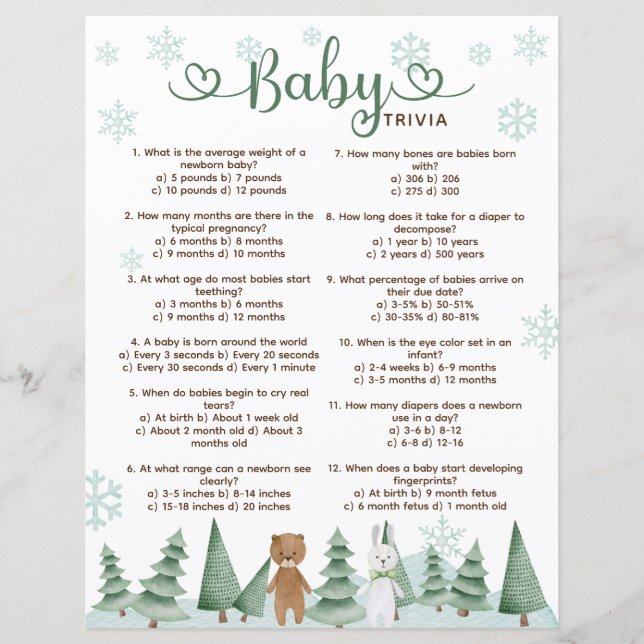 Baby Trivia Cute Winter Woodland Theme Game (Front)