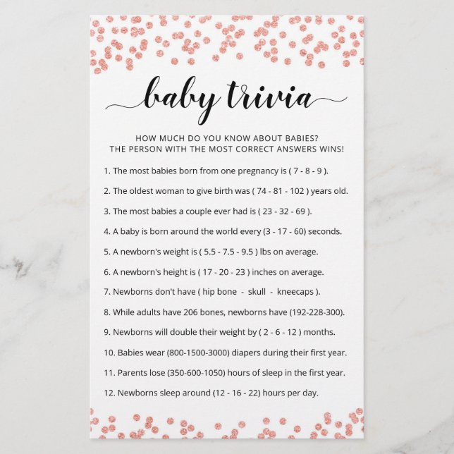 Baby Trivia Game with Answers Baby Shower party (Front)
