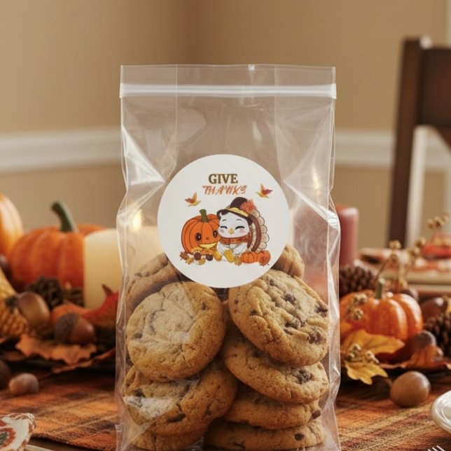 Baby Turkey And Pumpkin Celebrating Thanksgiving  Classic Round Sticker (Creator Uploaded)