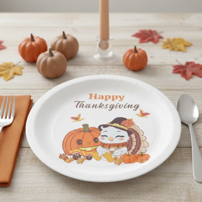 Baby Turkey And Pumpkin Celebrating Thanksgiving  Paper Plate (Creator Uploaded)
