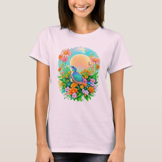 Baby Turtle Sunrise Wildflower Garden Watercolor T-Shirt (Front)