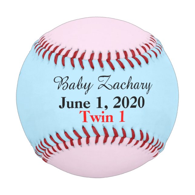 Baby Twin Boy Birth Stats Blue Pink Baseball (Front)
