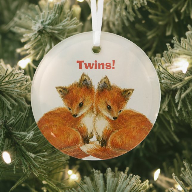 Baby Twin Foxes Glass Tree Decoration (Insitu)