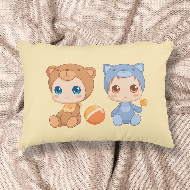 Baby Twins Bear Cat Jumpsuit on Yellow Decorative Cushion (Creator Uploaded)