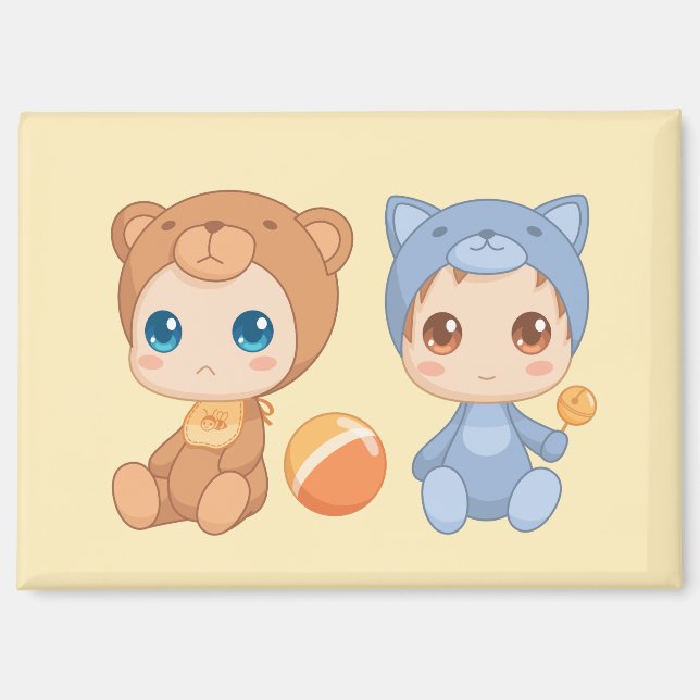 Baby Twins Bear Cat Jumpsuit on Yellow Magnet (Front)