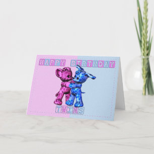 baby twins birthday card with bear and puppy
