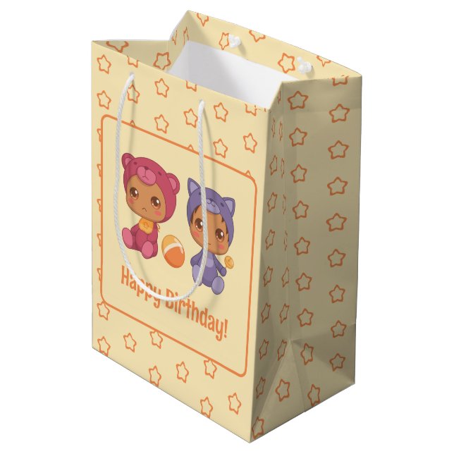Baby Twins Birthday Cat Bear Yellow Dark Medium Gift Bag (Back Angled)