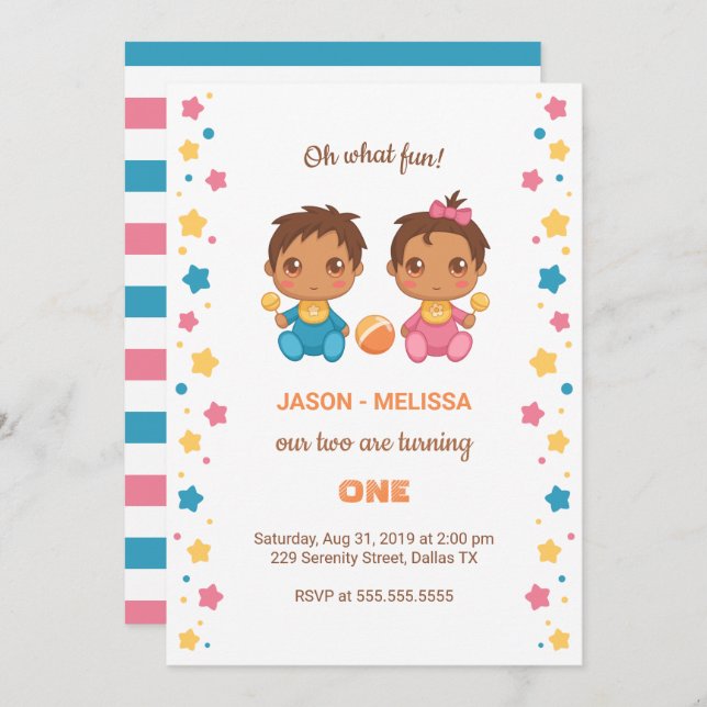Baby Twins Boy Girl First Birthday 2 Invitation (Front/Back)