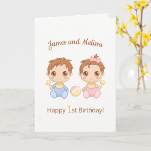 Baby Twins Boy Girl First Birthday Blank Card