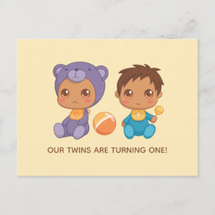 Baby Twins First Birthday Boy Bear Invitation 2 Postcard