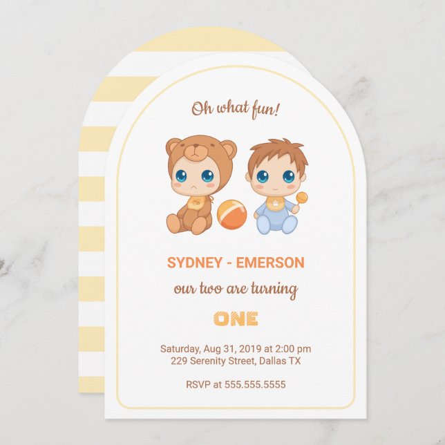 Baby Twins First Birthday Boy Bear Jumpsuit Invitation (Front/Back)