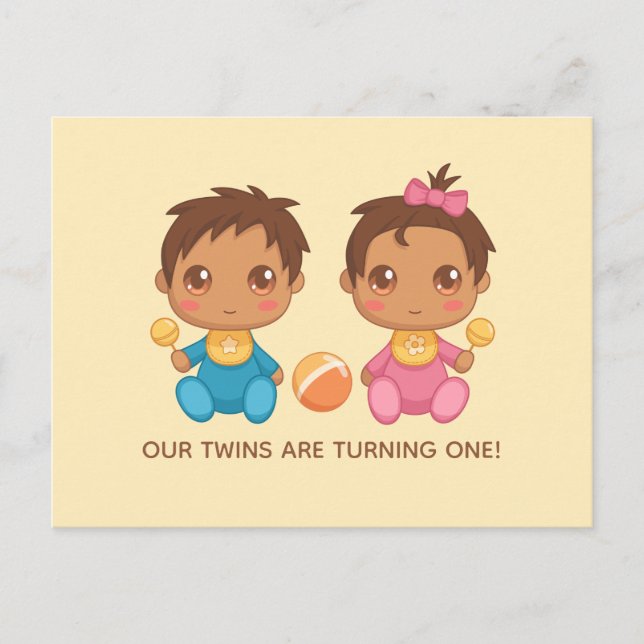 Baby Twins First Birthday Boy Girl Invitation 2 Postcard (Front)