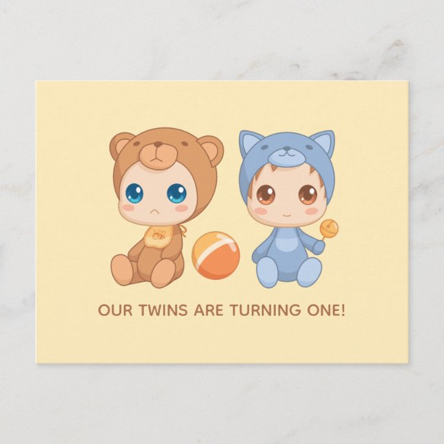 Baby Twins First Birthday Cat Bear Invitation 2 Postcard (Front)