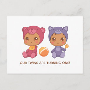 Baby Twins First Birthday Cat Bear Invitation Postcard