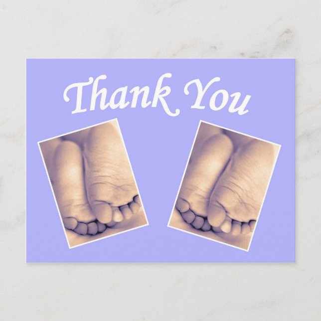 Baby twins little feet thank you blue postcard (Front)
