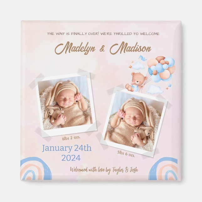 BABY (TWINS) PHOTO ANNOUNCEMENT MAGNET (Front)