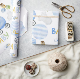 Baby Typog Blue Pattern Watercolor Baby Boy Shower Wrapping Paper
