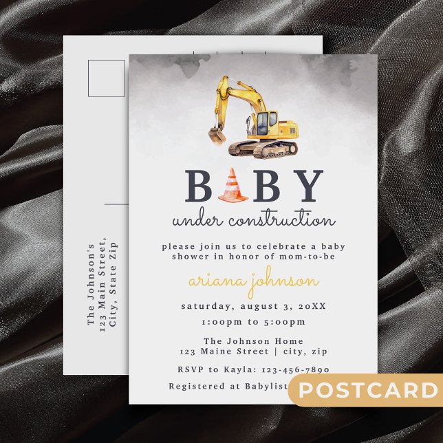 Baby Under Construction Boy Baby Shower Invitation Postcard (Creator Uploaded)